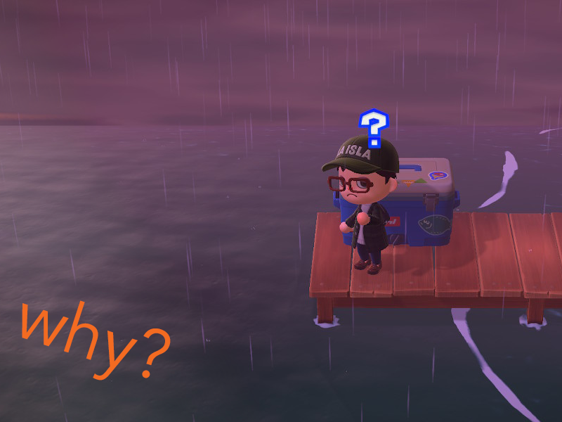 ACNH screenshot: stood on the Pier, looking conufused. Caption saying "Why?"